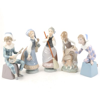 Lot 54 - Five Lladro figures, two Harleqins, ...