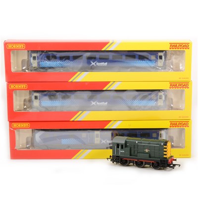 Lot 38 - Hornby OO gauge model railway; three Intercity passenger coaches and a D4174 diesel shunter locomotive.