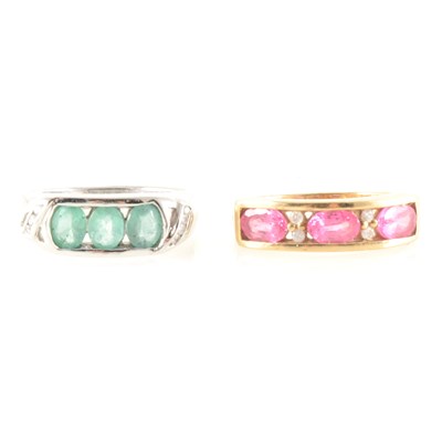 Lot 152 - A Zambian emerald half hoop ring and a similar pink spinel ring.