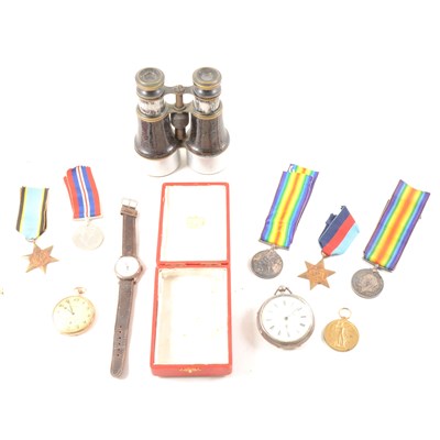 Lot 102A - First and Second War medals, two pocket watches, two wrist watches, pair of binoculars, red Cartier box.