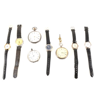 Lot 207 - Three silver open face pocket watches and five wrist watches.