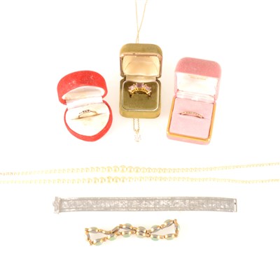Lot 200A - A collection of costume jewellery, a silver bracelet, spinel eternity ring, small ruby and diamond ring, necklace etc