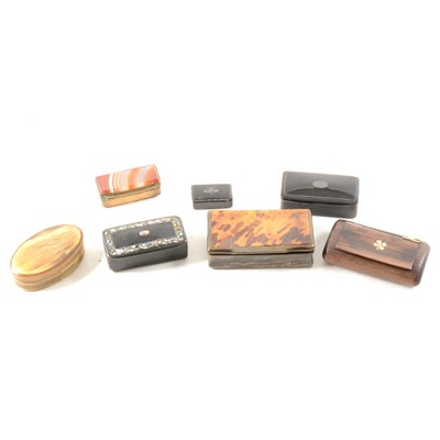 Lot 102 - Hardy Bakelite reel case, 10cm; horn papier-mache and other snuff boxes, a collection.