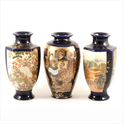 Lot 16 - A pair of Satsuma blue ground vases