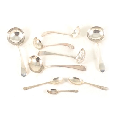 Lot 132 - Georgian silver ladles, indistinct marks, other ladles and spoons.