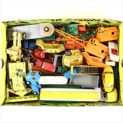 Lot 155 - Dinky and Corgi Toys; a collection of loose playworn die-cast models including French Dinky no.887 BP petrol tanker, etc.