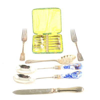 Lot 128 - A pair of silver salad servers and plated flatware.