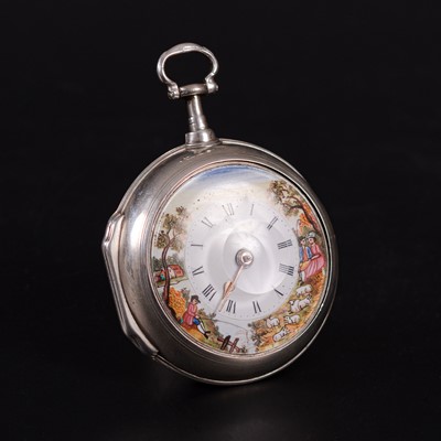Lot 201 - A silver pair case pocket watch with coloured enamel dial.