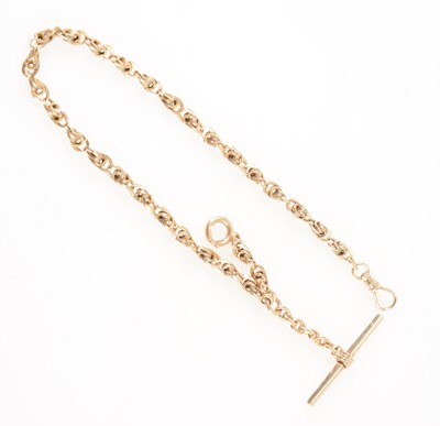 Lot 143 - A yellow metal single albert watch chain.