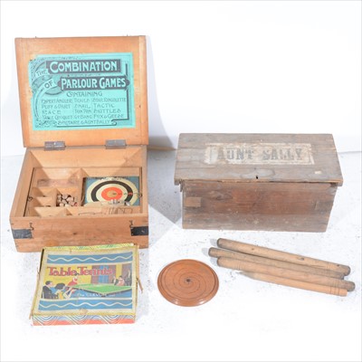 Lot 375 - Two old wooden game boxes with original labels: An Aunt Sally, and a compendium.