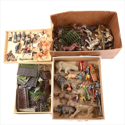 Lot 365 - Britains Floral Garden, Charbens circus figures and Elastolin figures, etc, four trays.
