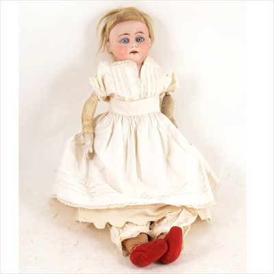 Lot 402 - German bisque head doll, kid leather body, fixed eyes and open mouth, stamped 1894, 45cm.