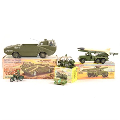 Lot 143 - Dinky Toys Honest John Missile Launcher, Para-Moke, Marx Amphibious and Britains motor-bike.