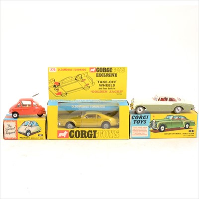 Lot 174 - Corgi Toys; no.233 Heinkel Economy Car 'Bubble', no.224 Bentley Continental sports saloon, no.276 Oldsmobile Toronado, all boxed.