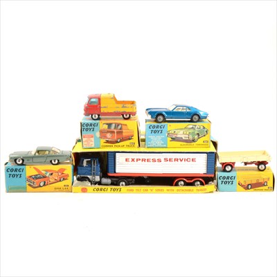 Lot 171 - Corgi Toys; five die-cast models including no.1137 Ford tilt cab 'Express' trailer, all boxed.