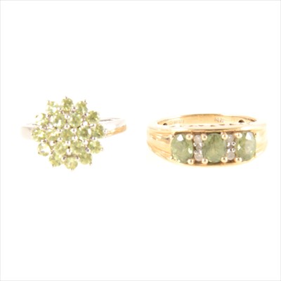 Lot 294 - An Ambanja demantoid garnet and diamond ring and a green stone cluster ring.
