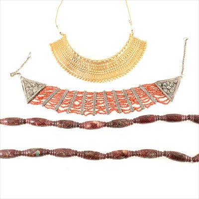 Lot 327 - A hardstone bead necklace, decorative gilt collar and coral necklace.