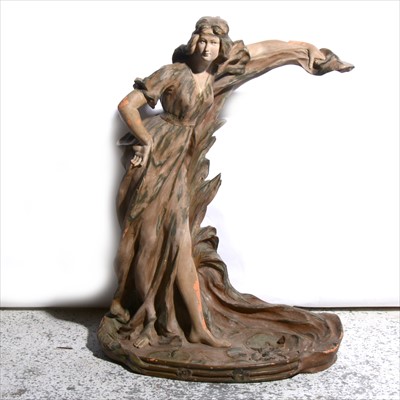 Lot 171 - An Art Nouveau Goldscheider style painted terracotta figural mirror stand
