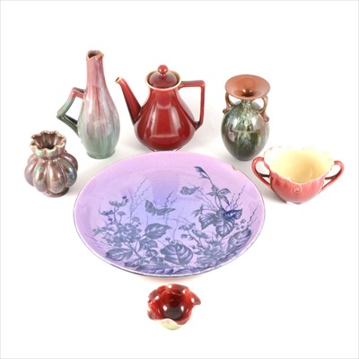 Lot 61 - Linthorpe Pottery, six assorted items, and another unmarked lustre vase