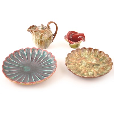 Lot 64 - Two lobed dishes designed by Dr Christopher Dresser for Linthorpe Art Pottery, a Sea-form teapot, and another vase
