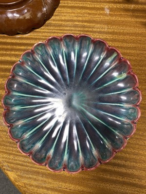 Lot 64 - Two lobed dishes designed by Dr Christopher Dresser for Linthorpe Art Pottery, a Sea-form teapot, and another vase