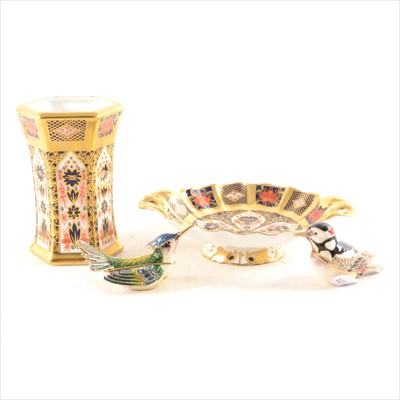 Lot 23 - A Royal Crown Derby Imari hexagonal vase, similar dish, and two enamel bird trinket pots