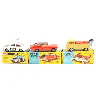 Lot 179 - Corgi Toys; no.506 Police "Panda" Imp, no.263 Marlin by Rambler Sports Fastback, no.490 Volkswagen Breakdown Truck, all boxed.