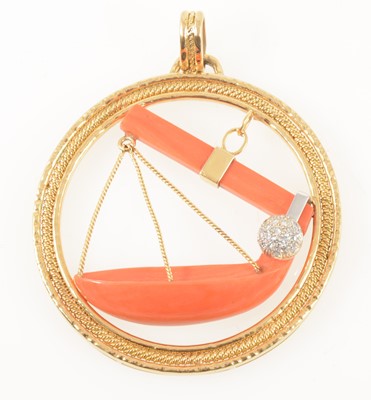 Lot 120 - Asprey & Co - an 18 carat yellow gold, coral and diamond set pendant