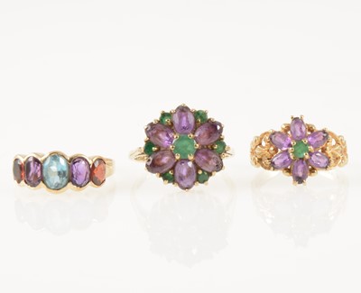 Lot 46 - Three vintage amethyst dress rings.