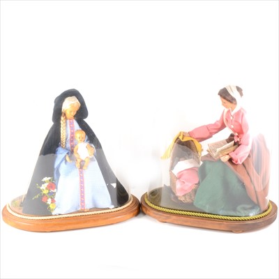 Lot 124 - Two wax work doll groups, mother and child, probably Italian, under glass domes.