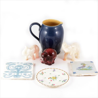 Lot 78 - Six Newport Pottery tea plates, Denby jug, Wedgwood paperweight, tiles and two elephant figures.
