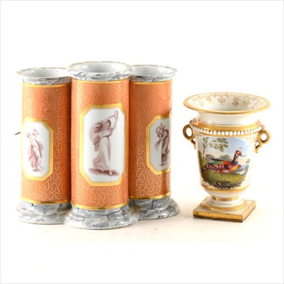 Lot 6 - An English porcelain garniture vase, probably Derby, circa 1820; and a Chamberlain's type triple spill vase