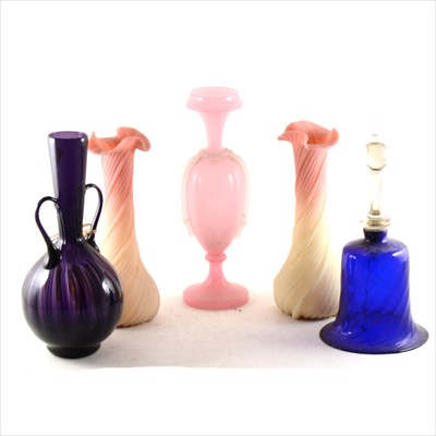 Lot 46 - A blue glass hand-bell, lightly wrythen moulded bowl, and other glassware