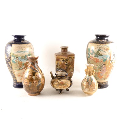 Lot 16 - A Satsuma vase, of hexagonal section, decorated with immortals, and other Satsuma ware