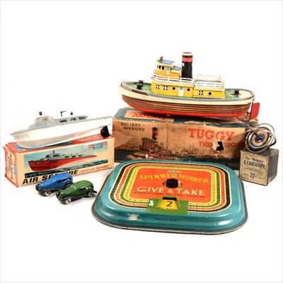 Lot 413 - Tin-plate toys; six including San Toys Japan Tuggy The Tugboat boxed, etc.