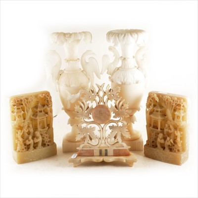 Lot 202 - A pair of Chinese carved alabaster relief plaques, and other alabaster items.