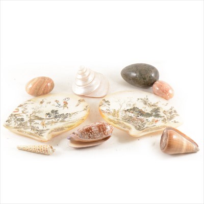 Lot 210 - A pair of mother-of-pearl shells, with painted Chinese decoration, hard stone eggs, etc