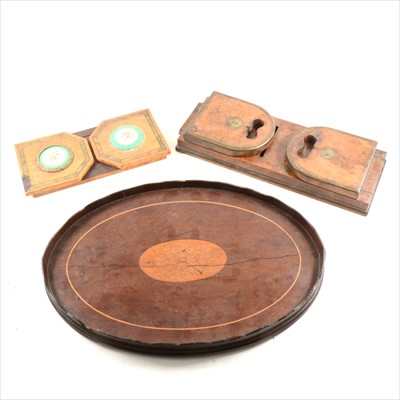 Lot 201 - A Victorian burr walnut adjustable book rack, another book rack, and an inlaid tray
