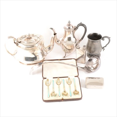 Lot 122 - Six silver and turquoise enamel teaspoons, William Suckling Ltd, Birmingham 1929, and electroplated wares.
