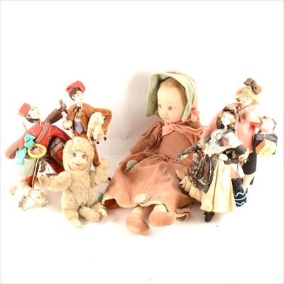 Lot 213 - Nora Wellings felt girl doll, a composition doll, and a collection of felt wire bodied figures
