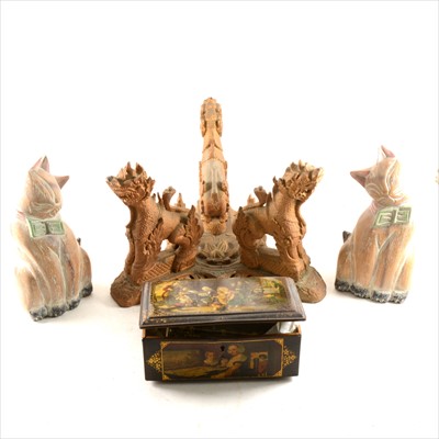 Lot 214 - Box of wooden items including pot stands, railway lamp,etc.