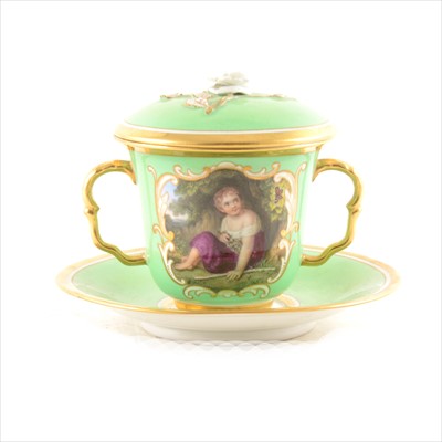Lot 22 - Flight, Bar & Bar, Worcester, a chocolate cup and cover, painted panel, titled 'The Gypsy Girl'