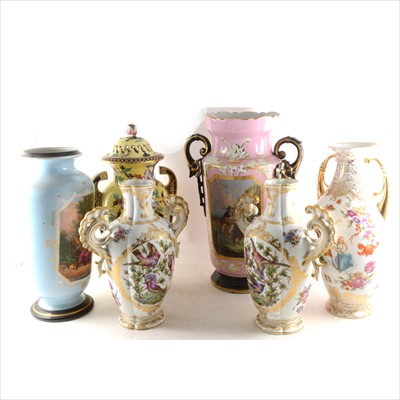 Lot 40 - French porcelain two-handled vase, pink ground, and five other vases