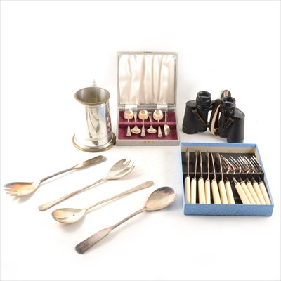 Lot 155 - A pair of German binoculars, 8x30, small cased cutlery sets and a pewter tankard