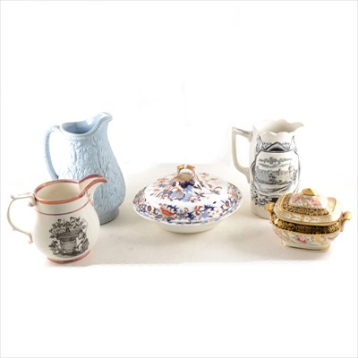 Lot 58 - Staffordshire blue stoneware Peace jug, Queen Charlotte jug, etc