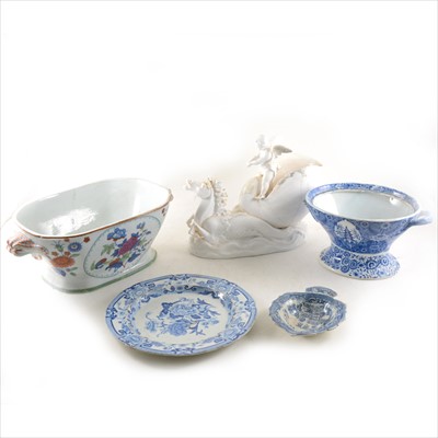 Lot 94 - A pair of Staffordshire Printware meat dish liners, and a small collection of white pottery figures