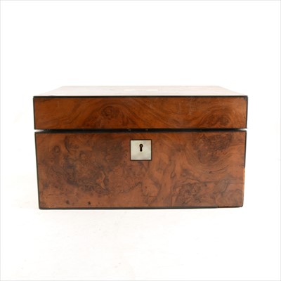 Lot 123 - A Victorian figured walnut travelling box, part fitted with glass containers