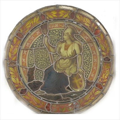 Lot 174 - A Victorian stained glass roundel, Britannia, and two other glass panels
