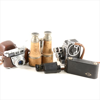 Lot 118 - A Zeiss 8x monocular field glass, binoculars, and other cameras