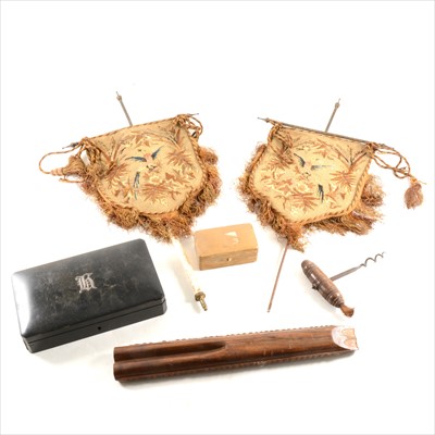 Lot 121 - Two Victorian embroidered banner face screens; corkscrew, wooden items, etc.